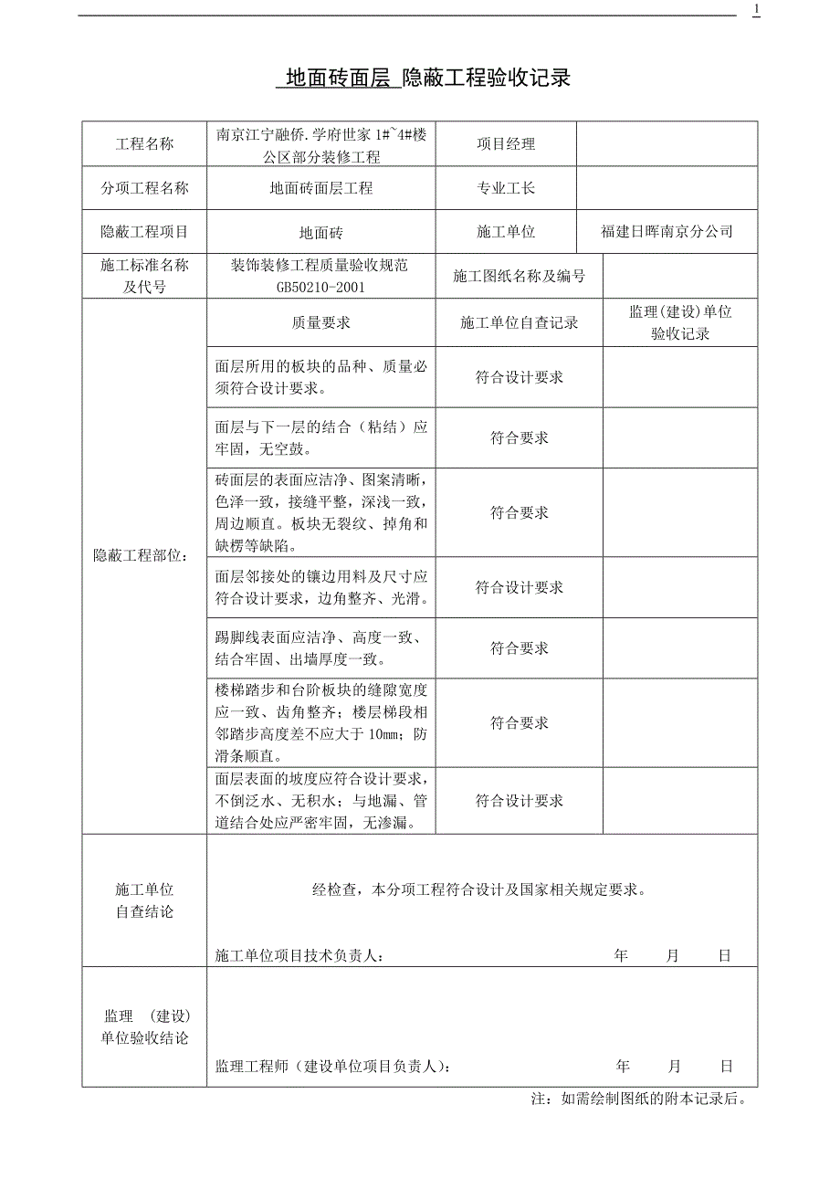 装修隐蔽工程验收记录表范例.doc_第1页