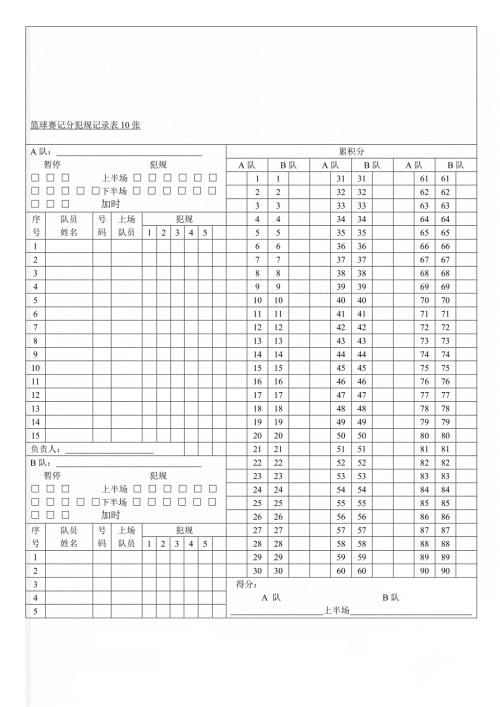 篮球赛记分犯规记录表10张.doc