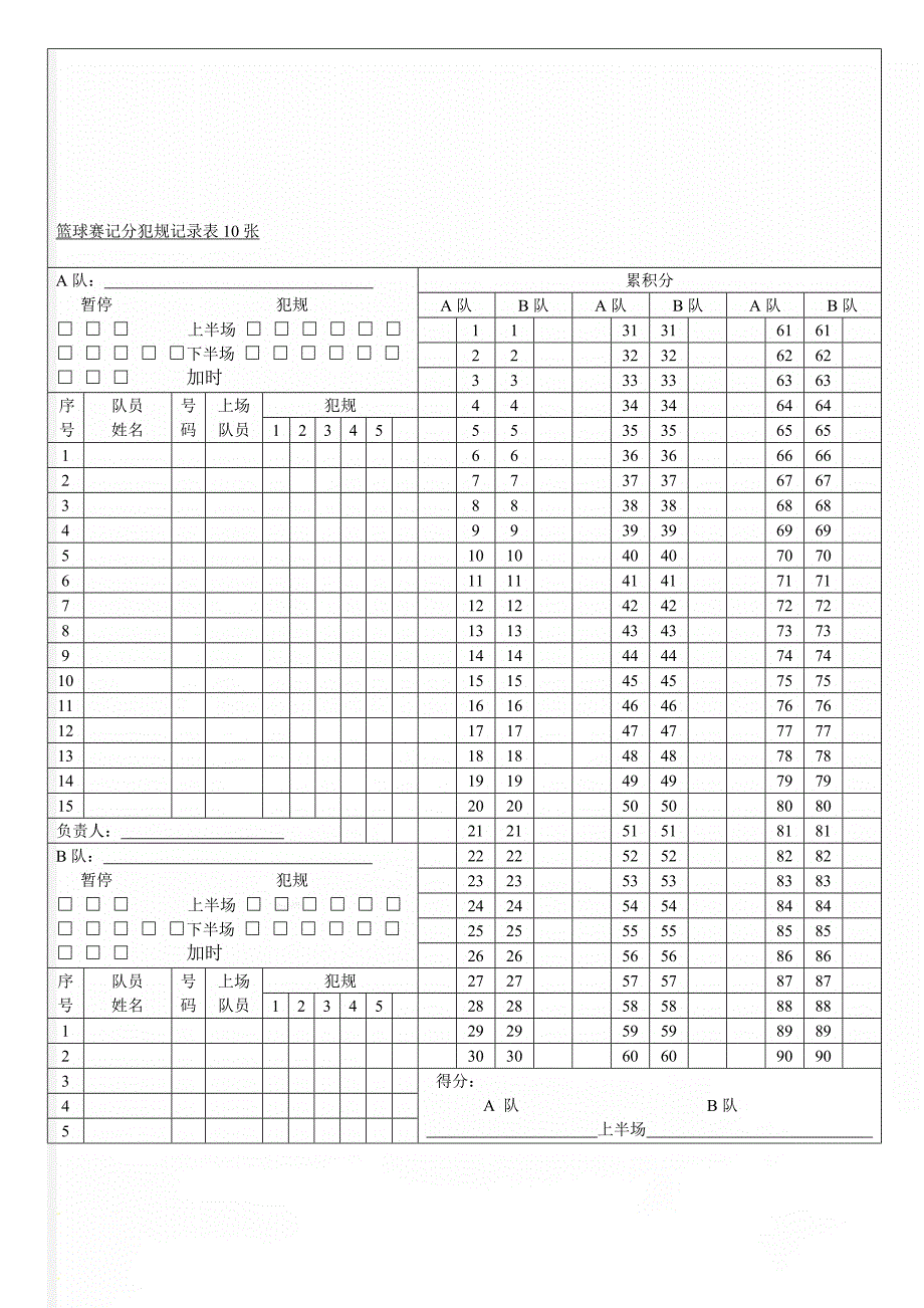 篮球赛记分犯规记录表10张.doc_第1页