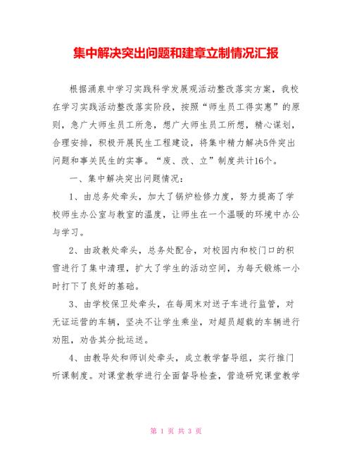 集中解决突出问题和建章立制情况汇报.doc