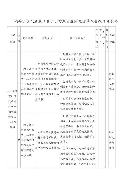 领导班子民主生活会班子对照检查问题清单及整改措施表格模板范例.docx