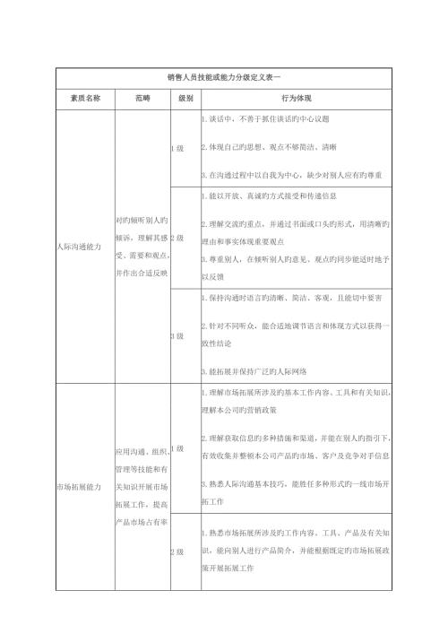 销售人员技能或能力分级定义表.docx