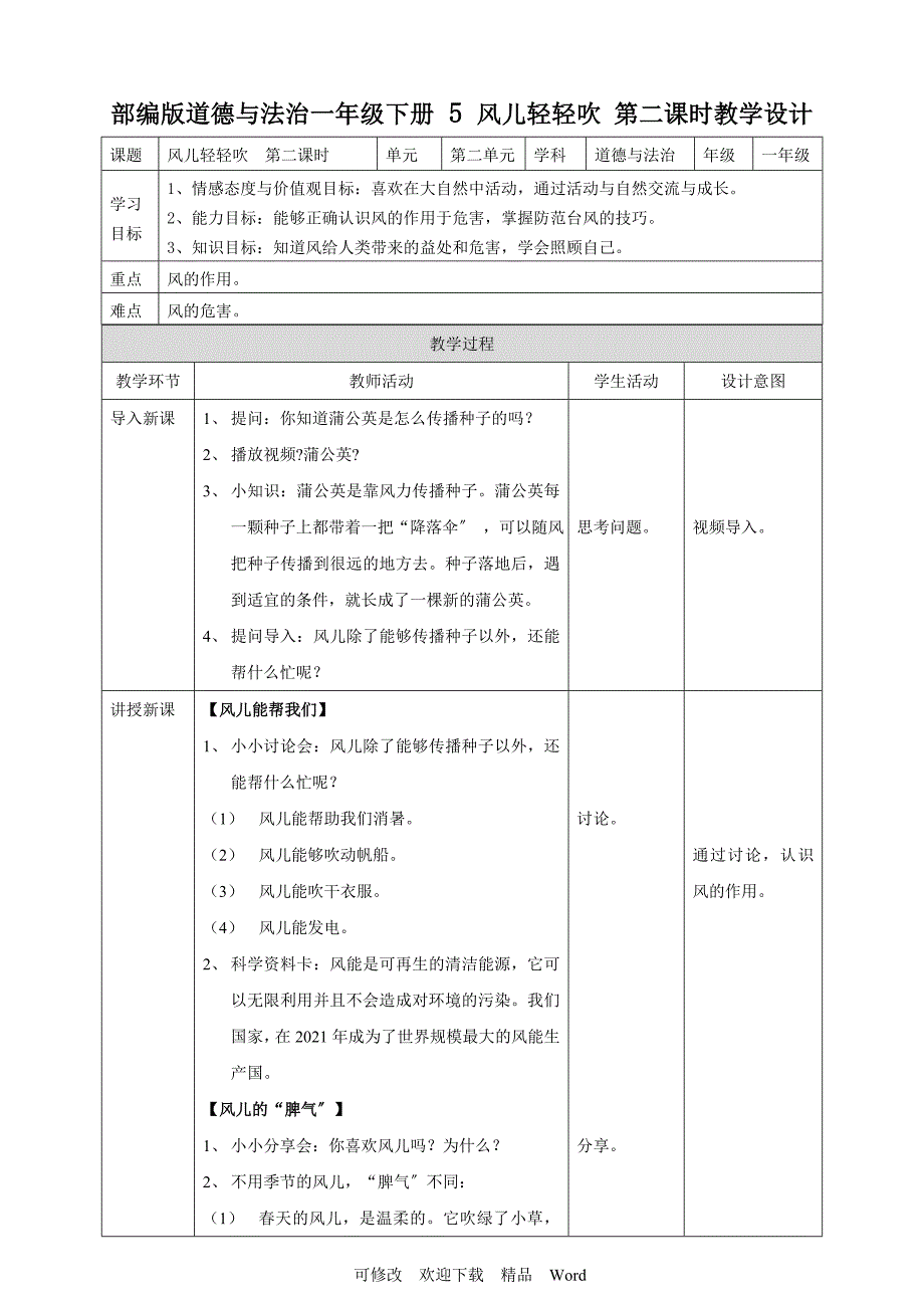 部编版道德与法治教学设计风儿轻轻吹第二课时教案.doc_第1页