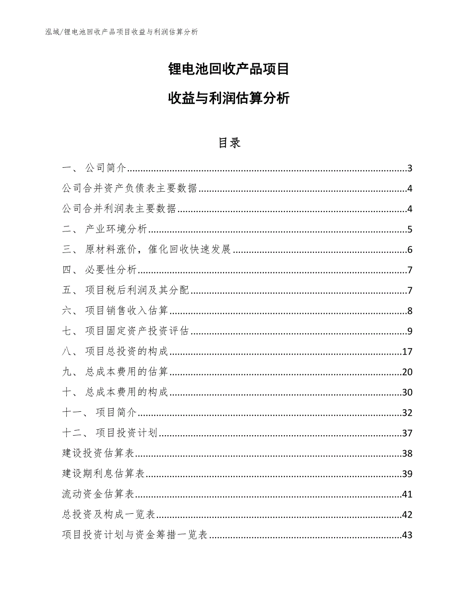 锂电池回收产品项目收益与利润估算分析范文.docx_第1页