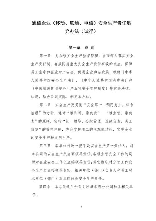 通信企业移动联通电信安全生产责任追究办法试行.doc