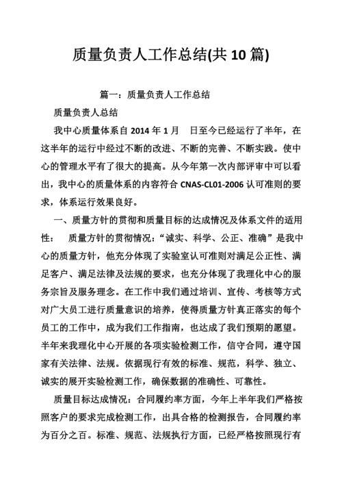 质量负责人工作总结共10篇.doc