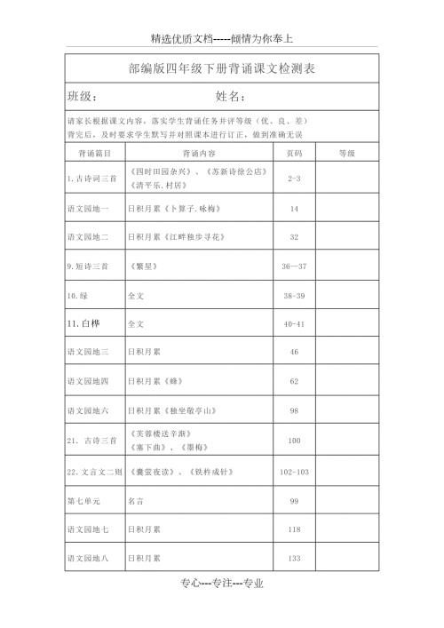 部编版四年级语文下册课文背诵检测表及必背内容.docx
