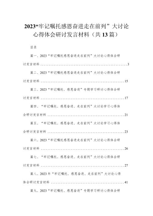 “牢记嘱托感恩奋进走在前列”大讨论心得体会研讨发言材料13篇（精编版）.docx