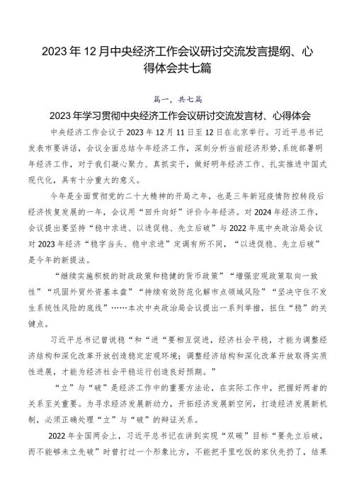 2023年12月中央经济工作会议研讨交流发言提纲、心得体会共七篇.docx