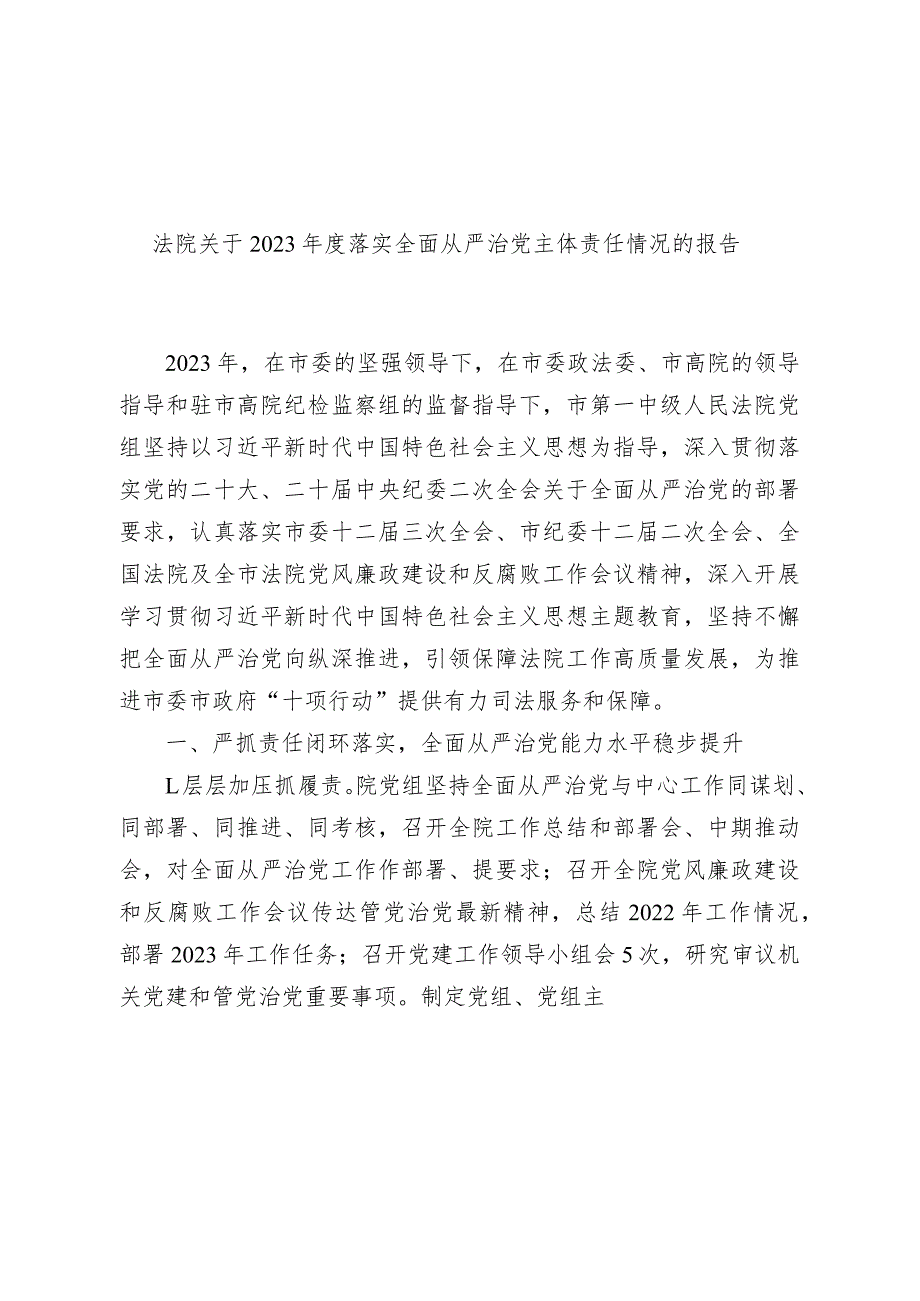 法院关于20232024落实全面从严治党主体责任情况的报告.docx_第1页