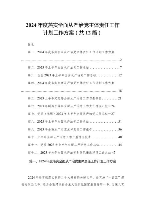 2024落实全面从严治党主体责任工作计划工作方案12篇供参考.docx