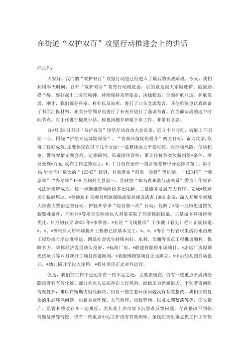 在街道“双护双百”攻坚行动推进会上的讲话(1).docx