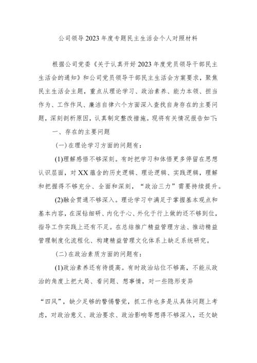 公司领导2023专题民主生活会个人对照材料.docx