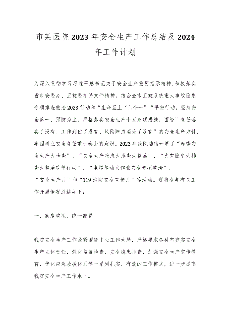 市某医院2023年安全生产工作总结及2024年工作计划.docx_第1页