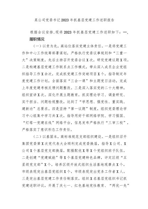 2篇国企公司党委书记20232024年抓基层党建工作述职报告.docx