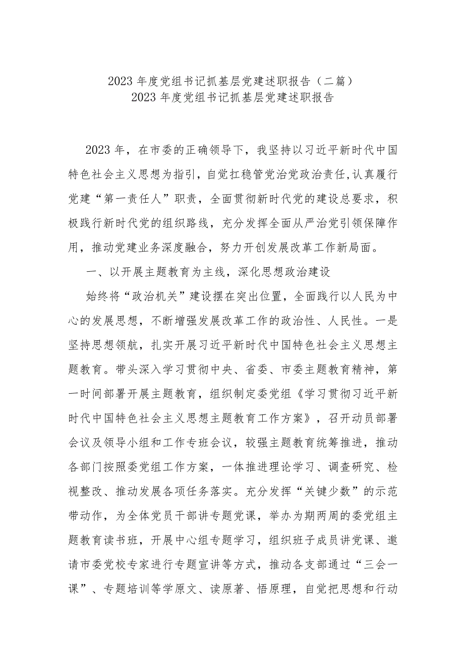2023党组书记抓基层党建述职报告(二篇).docx_第1页