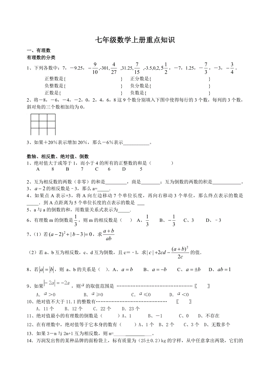 七年级数学上册重点知识题型.doc_第1页