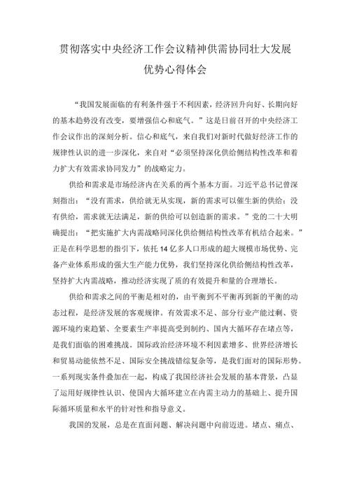 贯彻落实中央经济工作会议精神供需协同壮大发展优势心得.docx