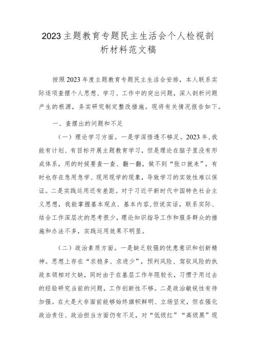 2023主题教育专题民主生活会个人检视剖析材料范文稿.docx