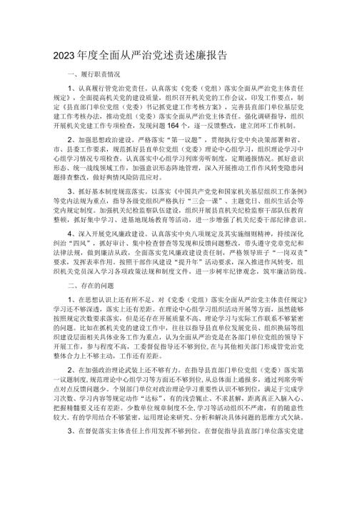 2023全面从严治党述责述廉报告.docx