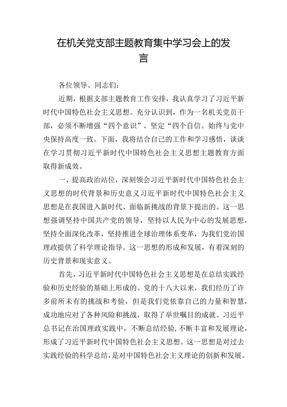 在机关党支部主题教育集中学习会上的发言.docx_第1页