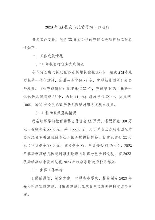 2023年XX县安心托幼行动工作总结.docx