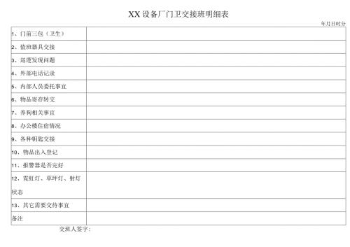 XX设备厂门卫交接班明细表（2023年）.docx