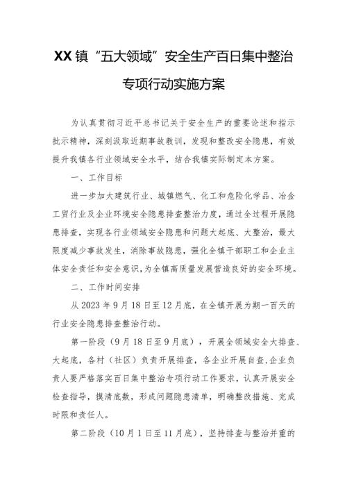 XX镇“五大领域”安全生产百日集中整治专项行动实施方案.docx