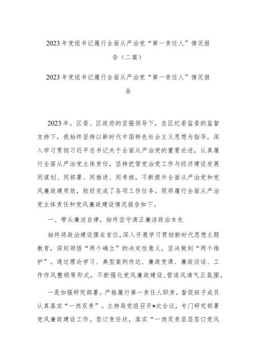2023年党组书记履行全面从严治党“第一责任人”情况报告(二篇).docx