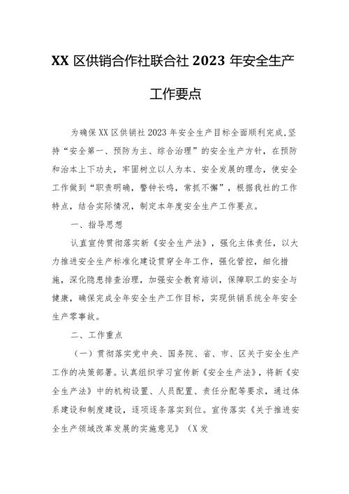 XX区供销合作社联合社2023年安全生产工作要点.docx