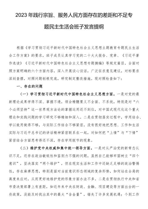 2023年践行宗旨、服务人民方面存在的差距和不足专题民主生活会班子发言提纲.docx