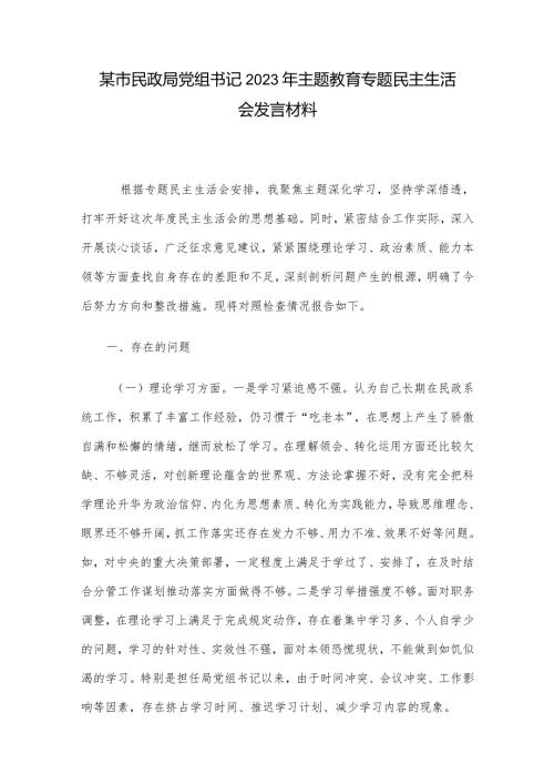 某市民政局党组书记2023年主题教育专题民主生活会发言材料(1).docx