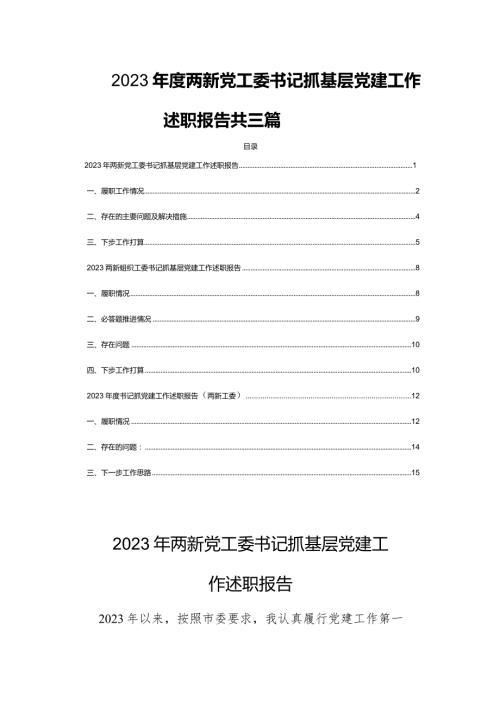 2023两新党工委书记抓基层党建工作述职报告共三篇.docx