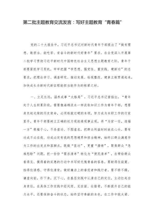 第二批主题教育交流发言：写好主题教育“青篇”.docx