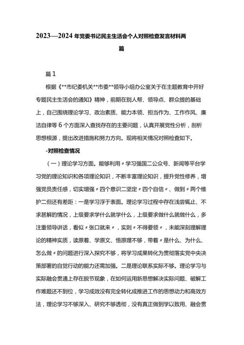 20232024年党委书记民主生活会个人对照检查发言材料两篇.docx