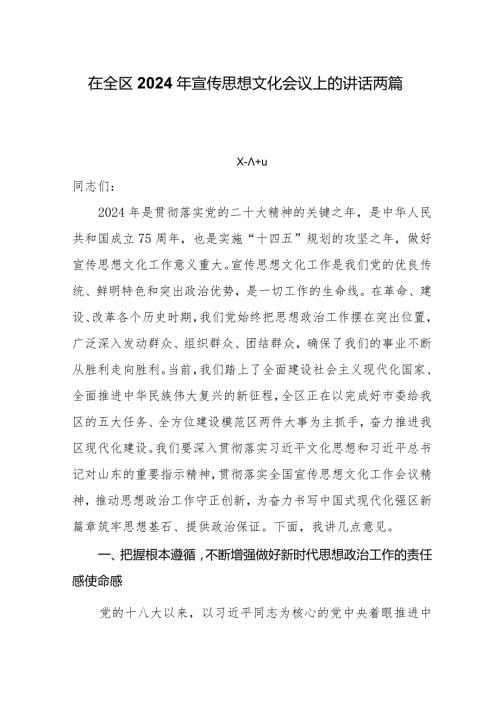 在全区2024年宣传思想文化会议上的讲话两篇.docx