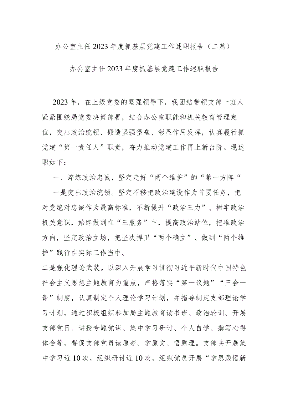办公室主任2023抓基层党建工作述职报告(二篇).docx_第1页