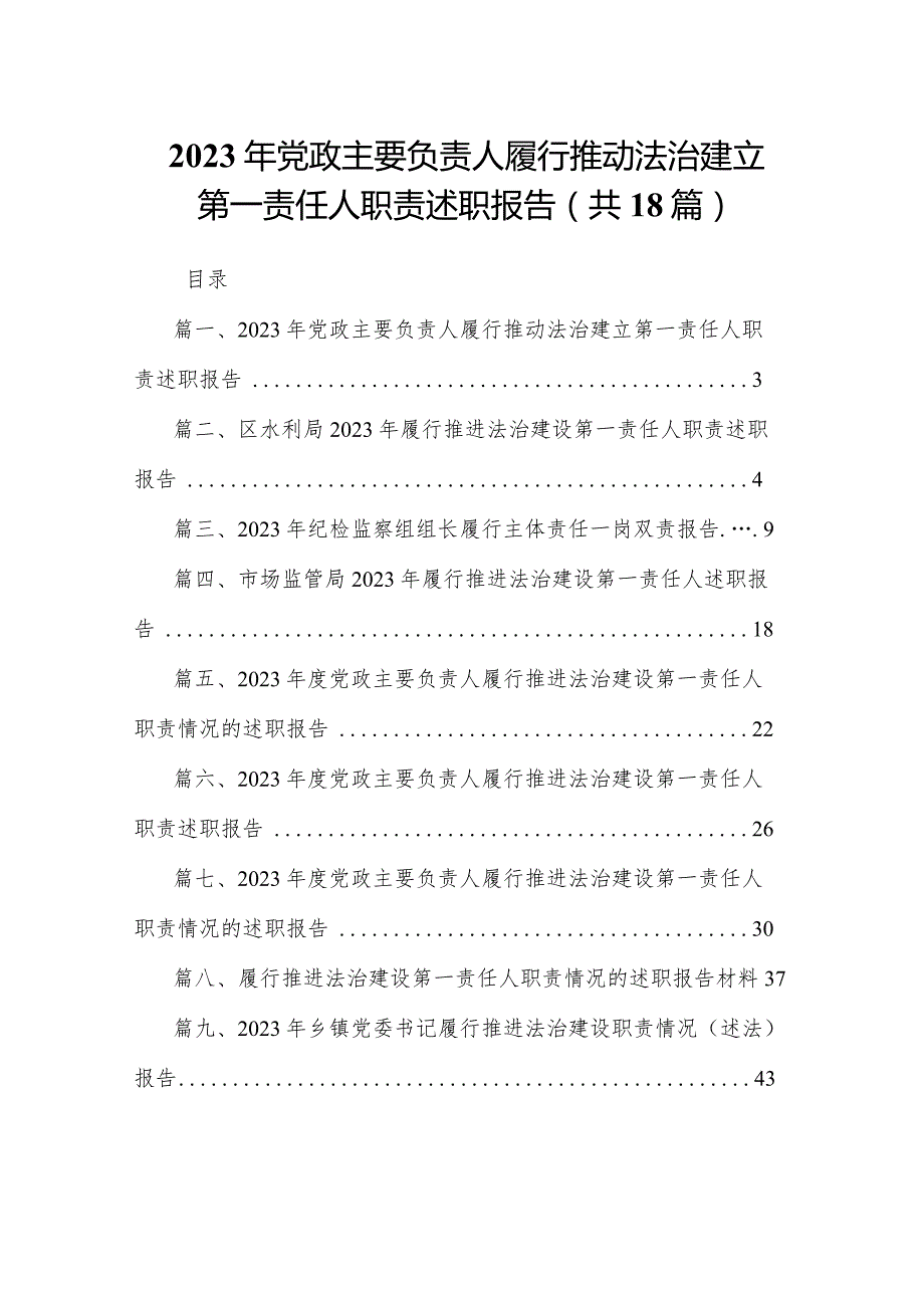 2023年党政主要负责人履行推动法治建立第一责任人职责述职报告（共18篇）.docx_第1页