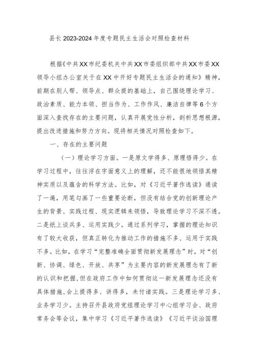 县长20232024专题民主生活会对照检查材料(1).docx