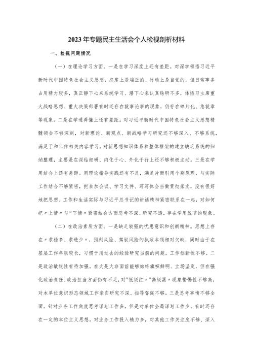 2023年专题民主生活会个人检视剖析材料.docx