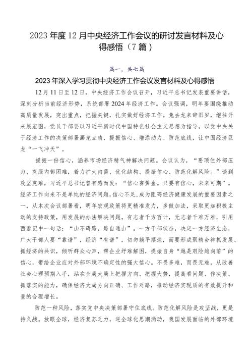 202312月中央经济工作会议的研讨发言材料及心得感悟（7篇）.docx