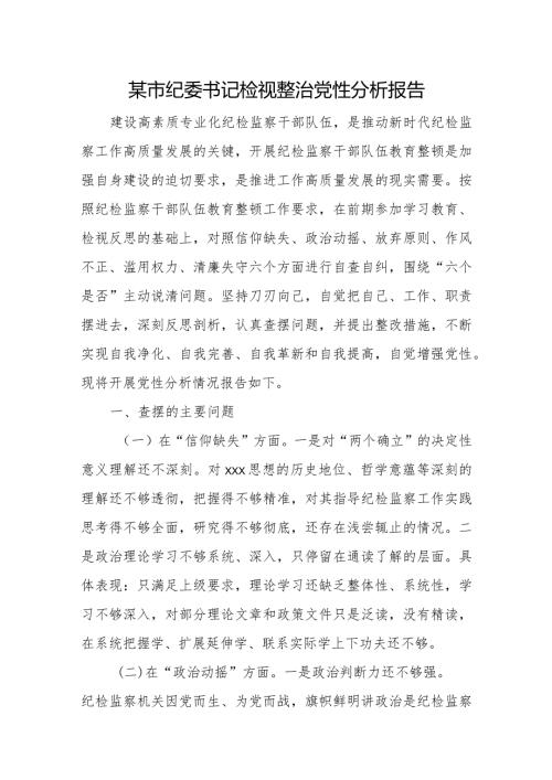 某市纪委书记检视整治党性分析报告.docx