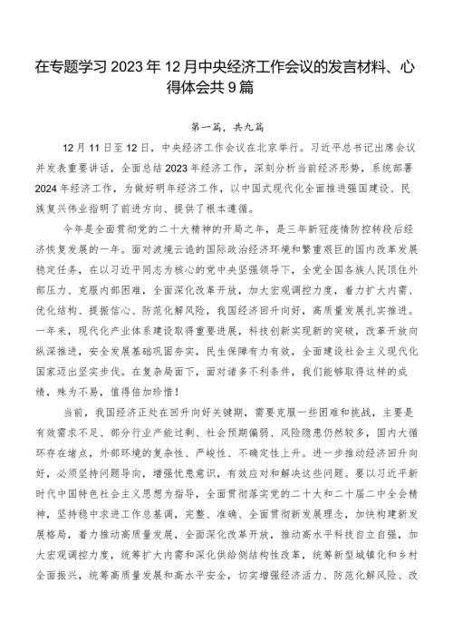 在专题学习2023年12月中央经济工作会议的发言材料、心得体会共9篇.docx