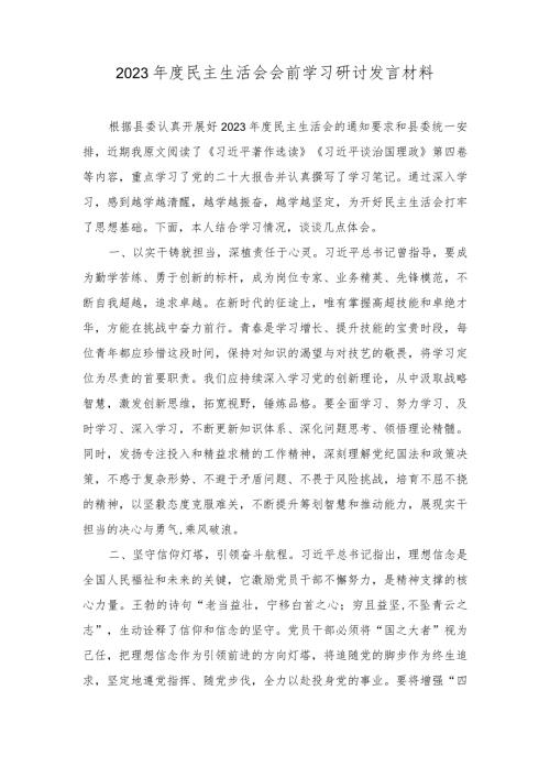 2023民主生活会会前学习研讨发言材料、民主生活会领导班子对照检查材料.doc（2篇）.docx