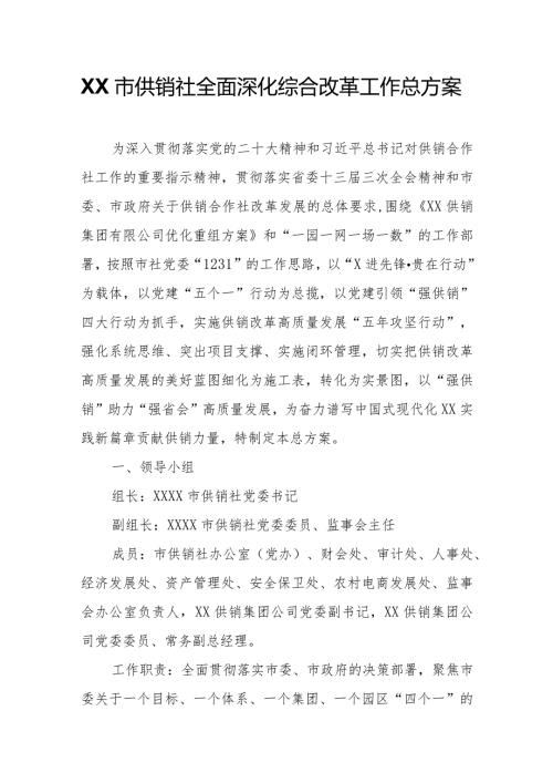 XX市供销社全面深化综合改革工作总方案.docx