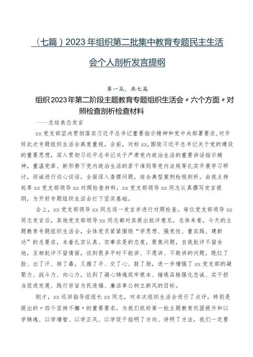 （七篇）2023年组织第二批集中教育专题民主生活会个人剖析发言提纲.docx