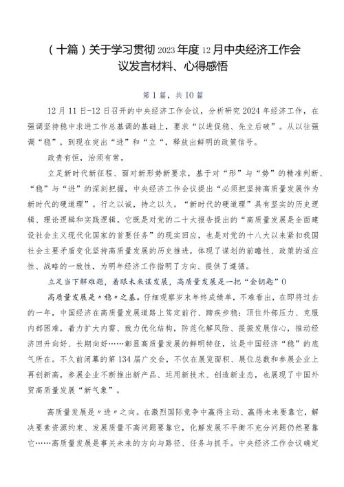 （十篇）关于学习贯彻202312月中央经济工作会议发言材料、心得感悟.docx