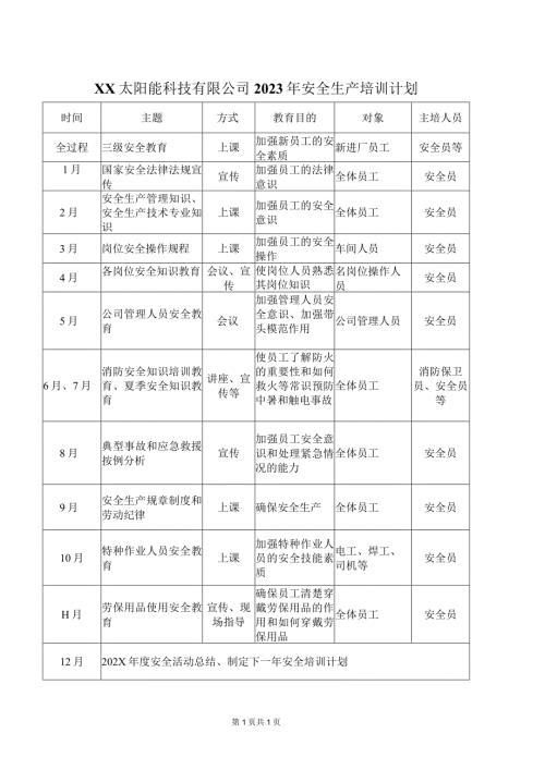 XX太阳能科技有限公司2023年安全生产培训计划（2023年）.docx