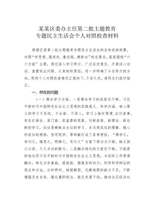 某某区委办主任第二批主题教育专题民主生活会个人对照检查材料.docx