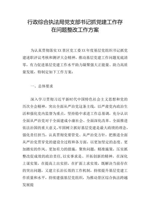 行政综合执法局党支部书记抓党建工作存在问题整改工作方案.docx